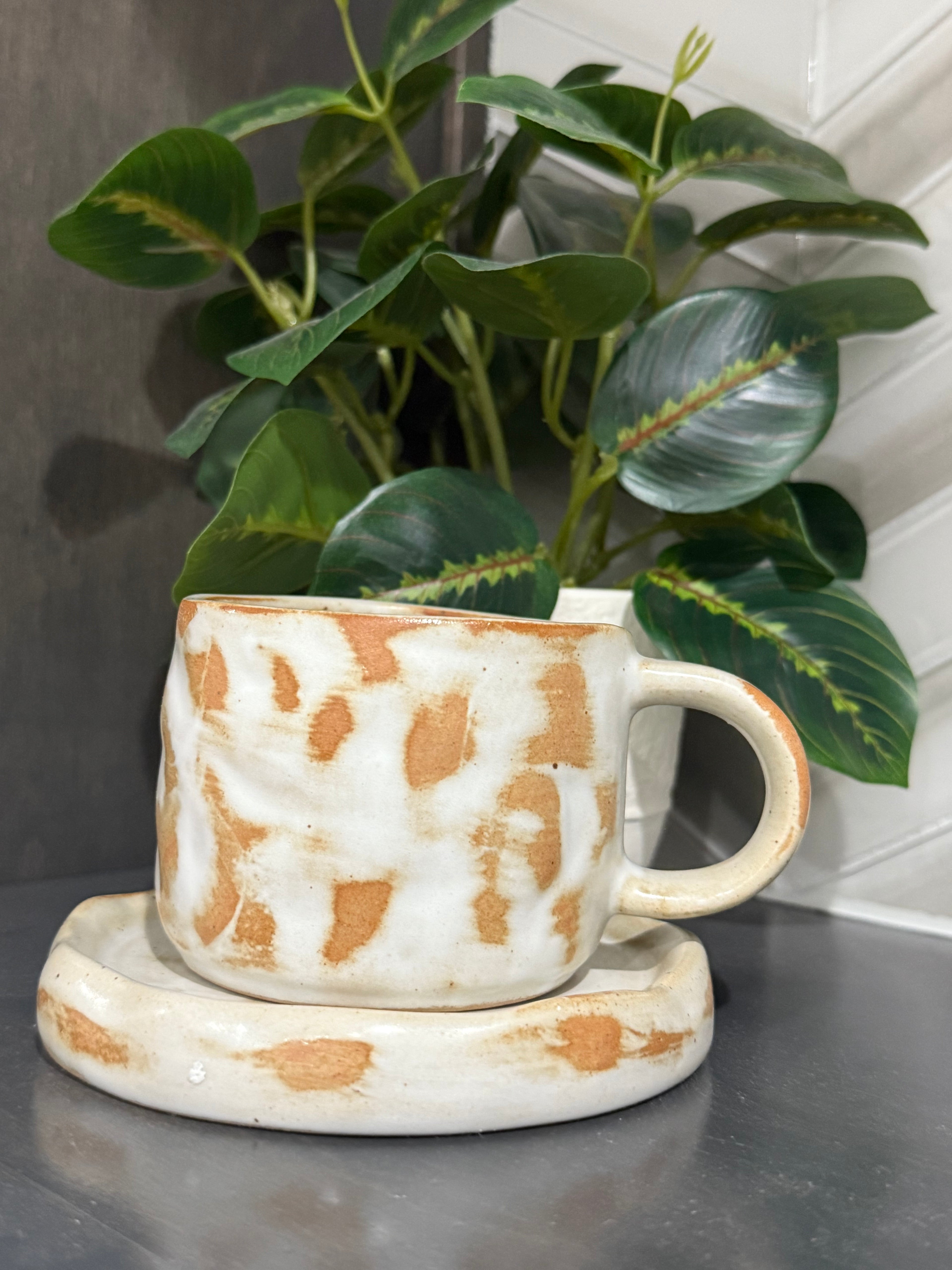 Cream/Caramel Ceramic Coffee Cup & Saucer